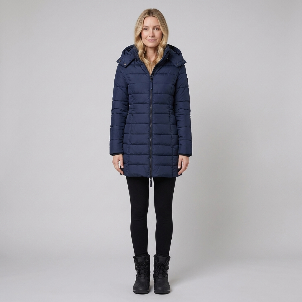 Lady winter coat navy blue front on model