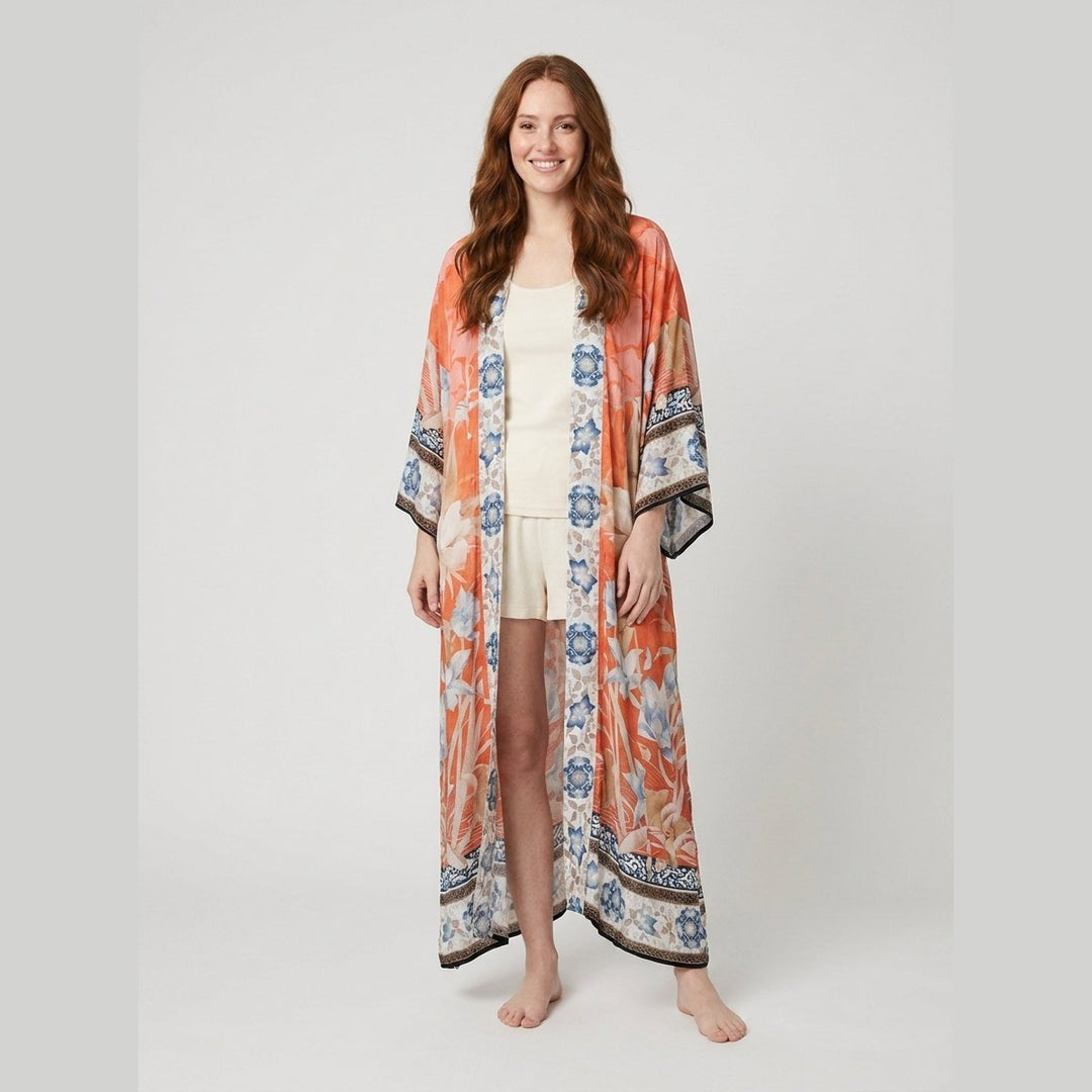 Ivy Beach Kimono orange floral on model