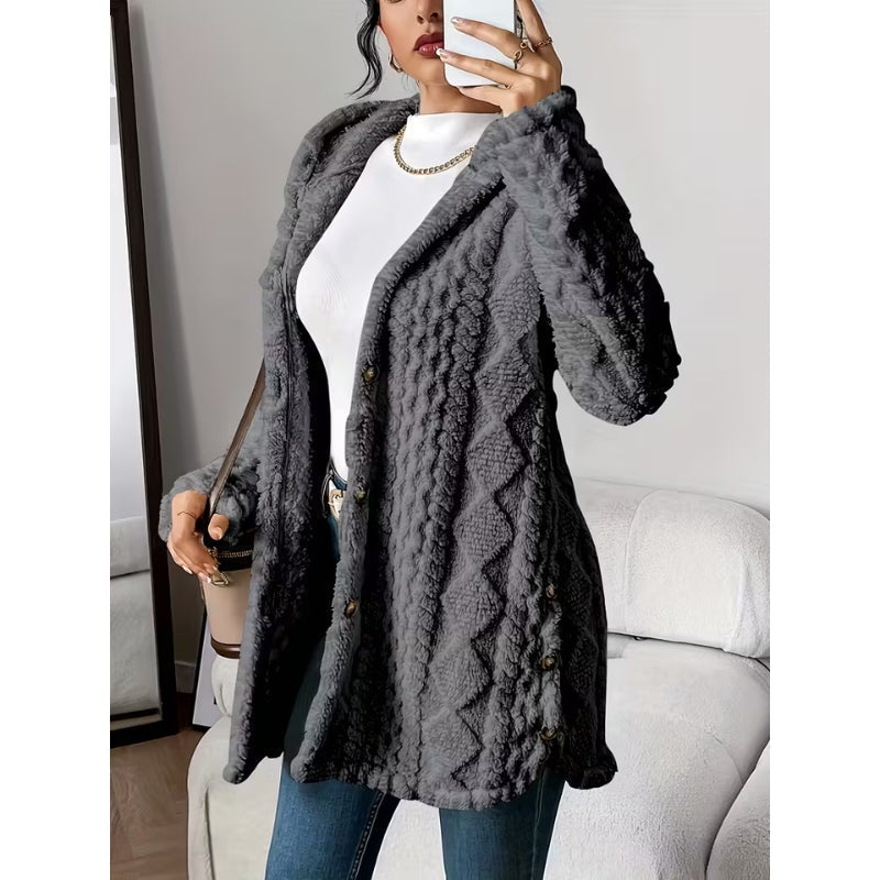 Women's Plush Coat, Hooded, Jacquard Fabric, Button-Down Front