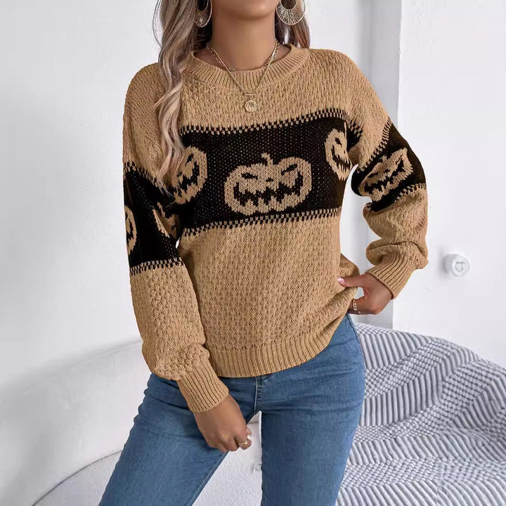 Women's Halloween Sweater, Pumpkin Motif, Crew Neck Knit