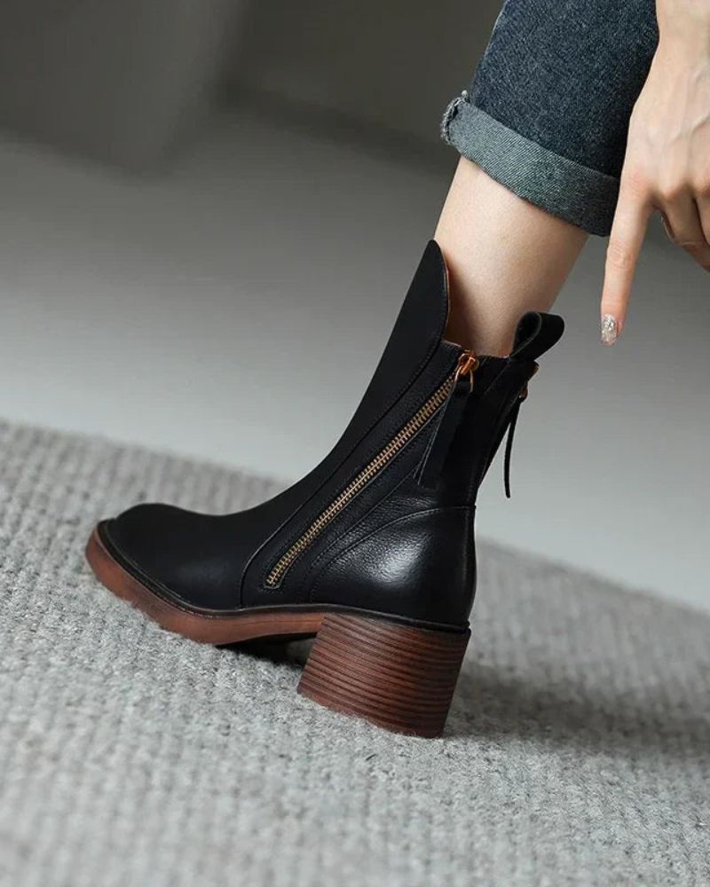 Women's Block Heel Boots, Faux Leather, Round Toe, Black or Brown