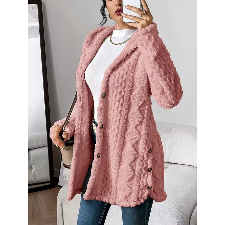 Women's Plush Coat, Hooded, Jacquard Fabric, Button-Down Front