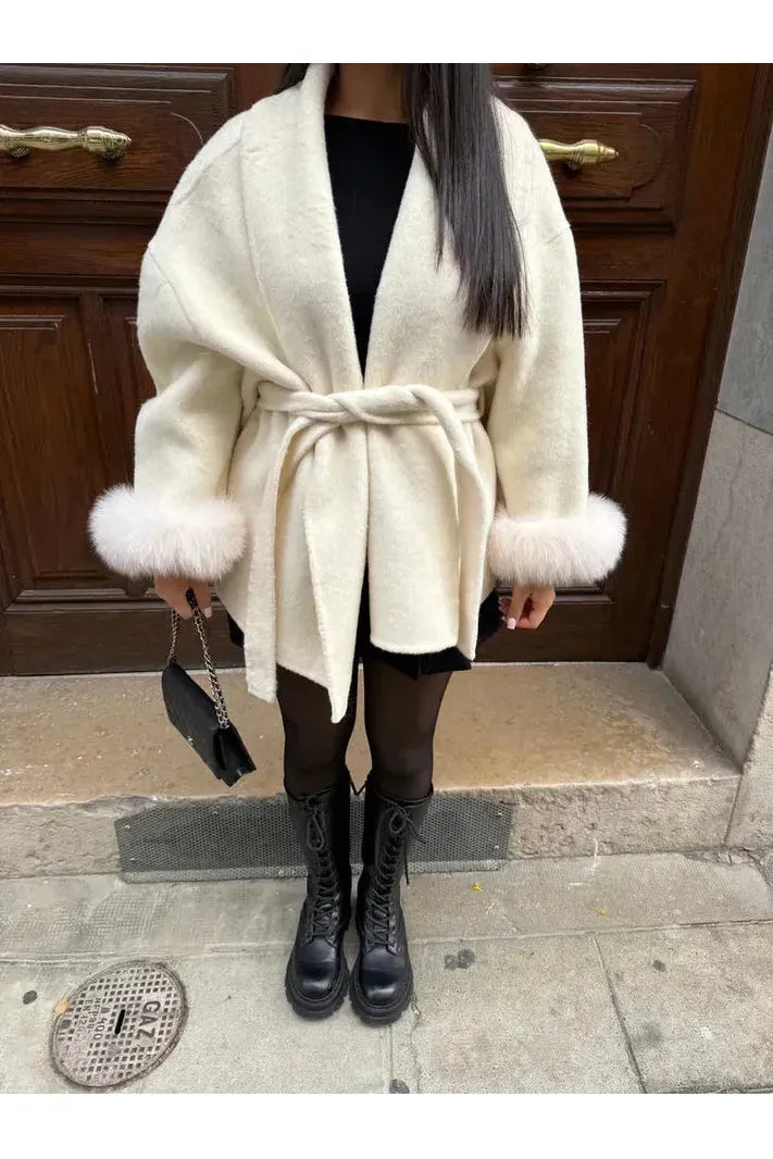Sylvie Winter Coat featuring premium fabric, stylish faux-fur sleeves, and a long fit for ultimate warmth and elegance. - 6
