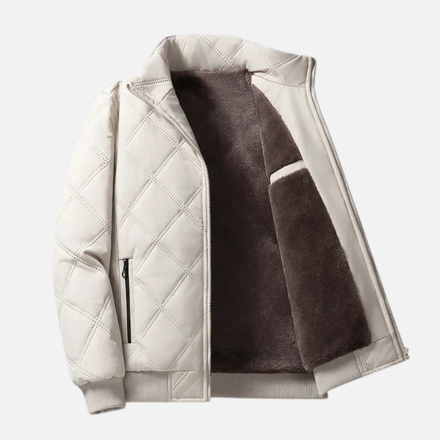 Men's Diamond-Quilted Jacket, High Collar, Zip Pockets, Ribbed Hem
