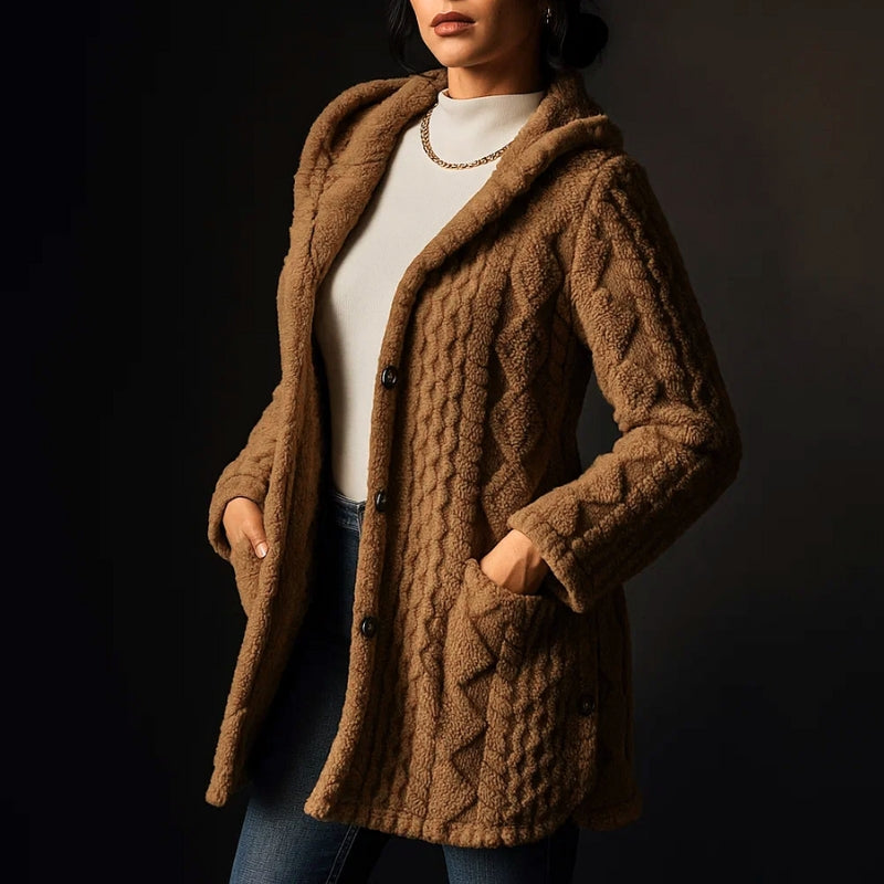 Women's Plush Coat, Hooded, Jacquard Fabric, Button-Down Front