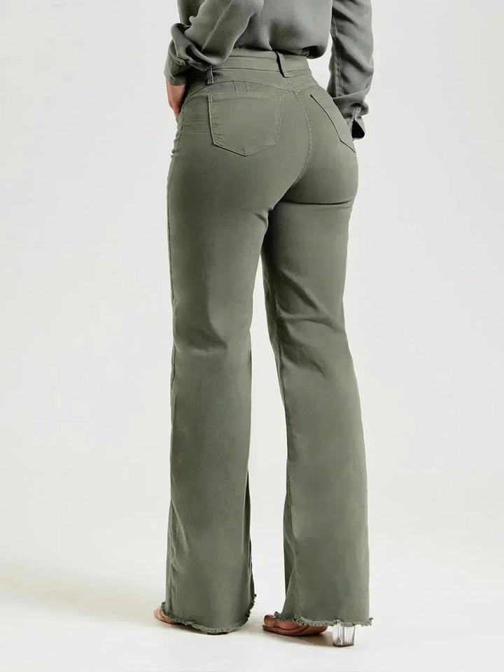 Jade wide-leg trousers with a frayed hem made from soft denim fabric, perfect for a stylish and comfortable casual look. - 2