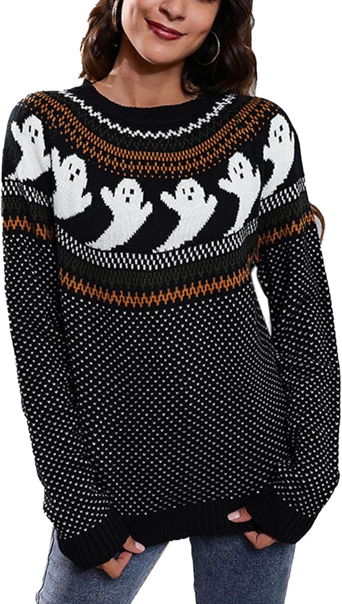 Women's Ghost Print Halloween Sweater, Jacquard Knit, Relaxed Fit