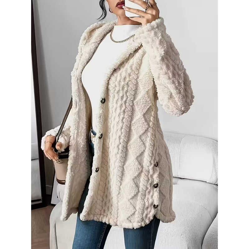 Women's Plush Coat, Hooded, Jacquard Fabric, Button-Down Front