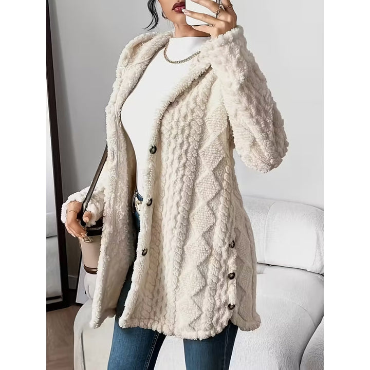 Women's Plush Coat, Hooded, Jacquard Fabric, Button-Down Front
