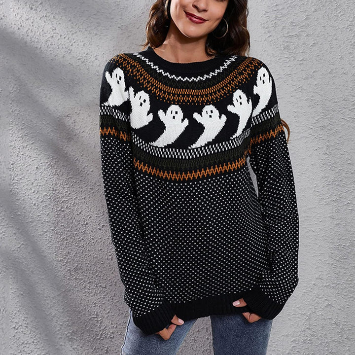 Women's Ghost Print Halloween Sweater, Jacquard Knit, Relaxed Fit