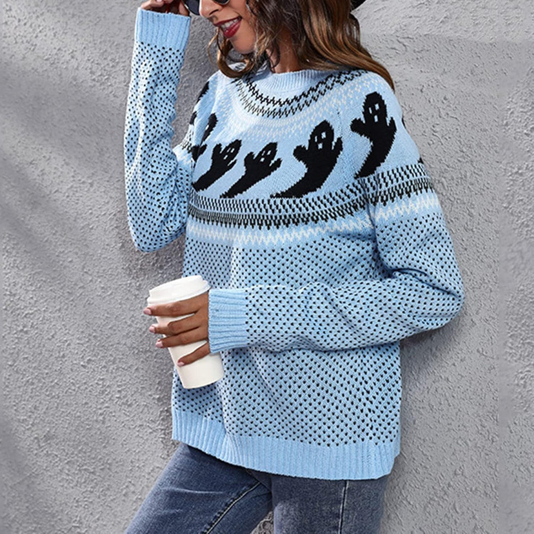 Women's Ghost Print Halloween Sweater, Jacquard Knit, Relaxed Fit
