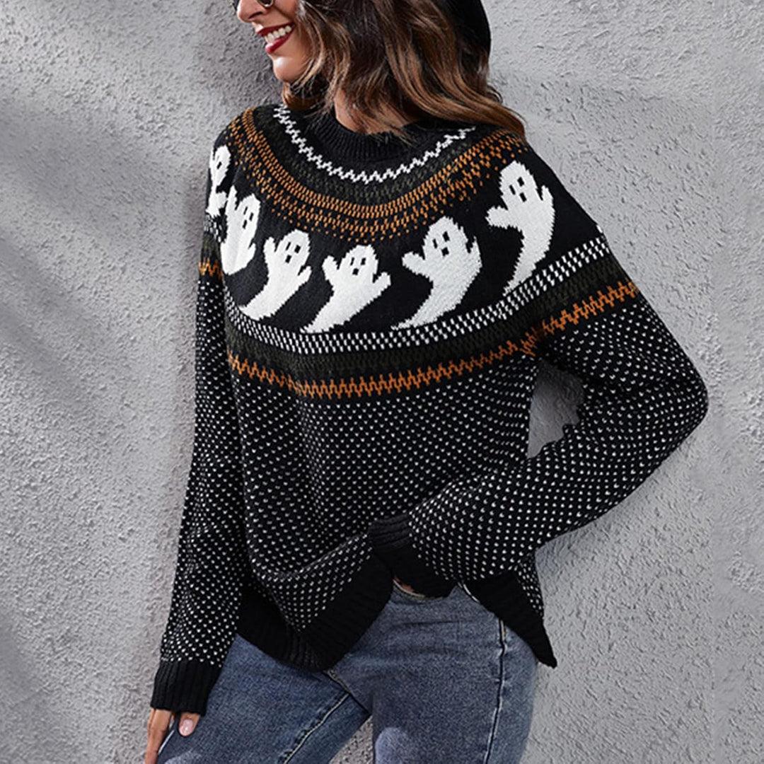 Women's Ghost Print Halloween Sweater, Jacquard Knit, Relaxed Fit