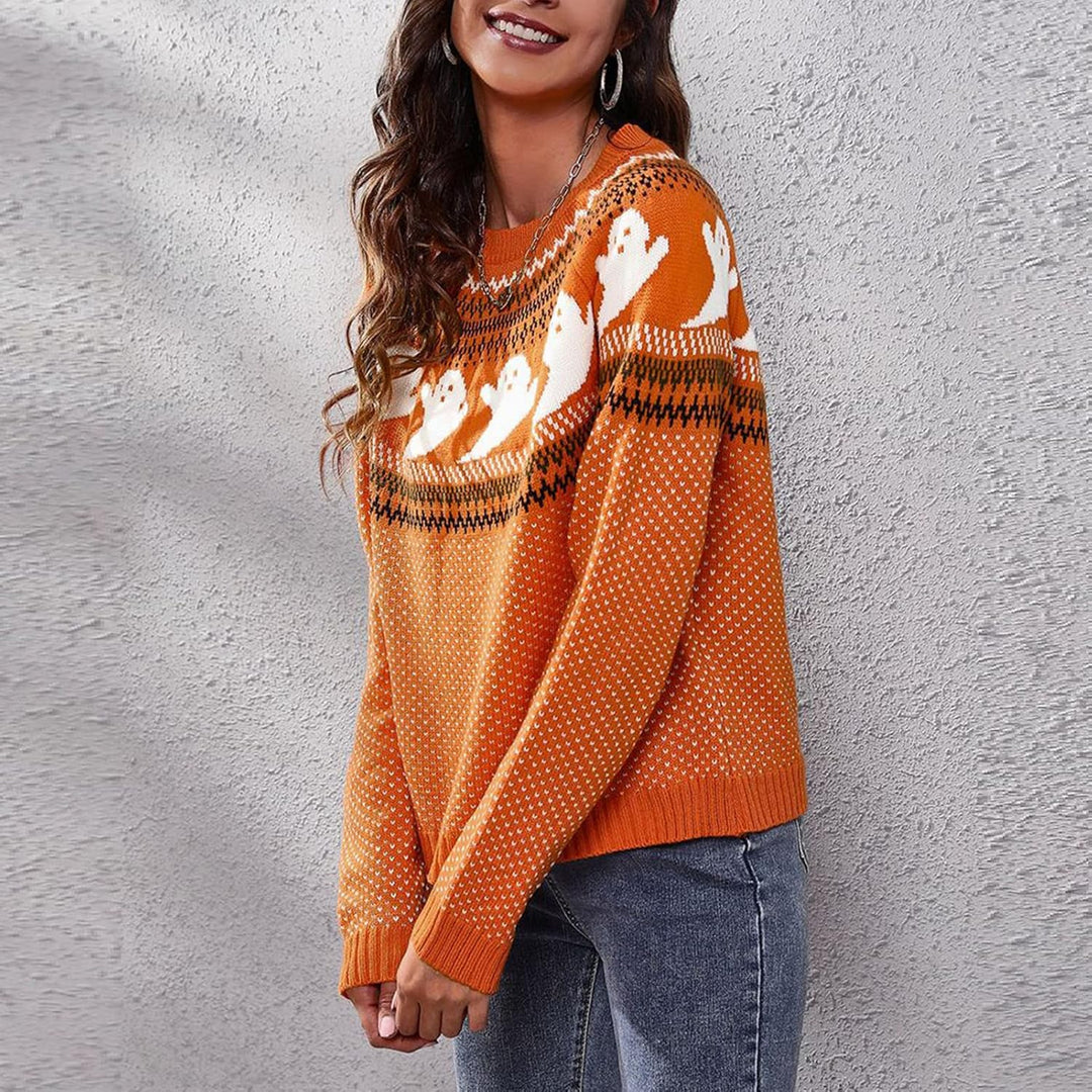 Women's Ghost Print Halloween Sweater, Jacquard Knit, Relaxed Fit