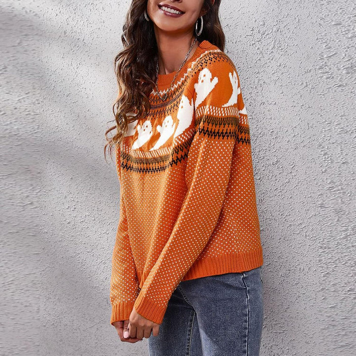 Women's Ghost Print Halloween Sweater, Jacquard Knit, Relaxed Fit
