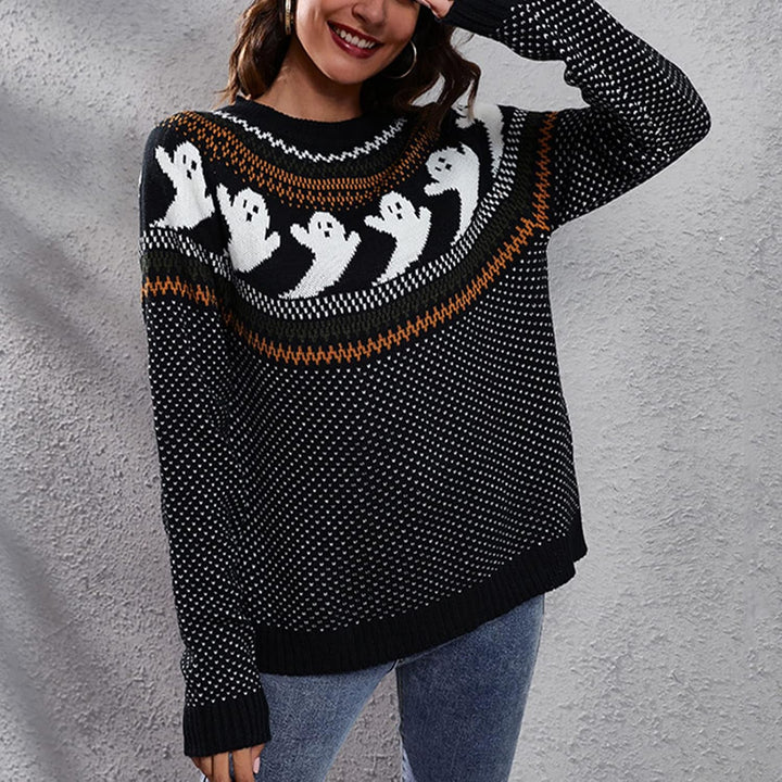Women's Ghost Print Halloween Sweater, Jacquard Knit, Relaxed Fit