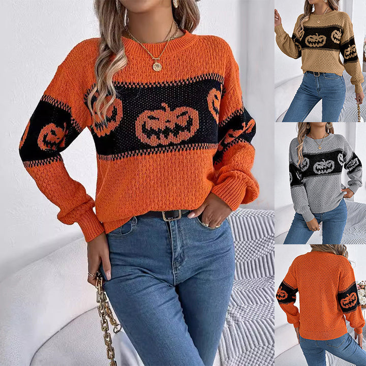 Women's Halloween Sweater, Pumpkin Motif, Crew Neck Knit