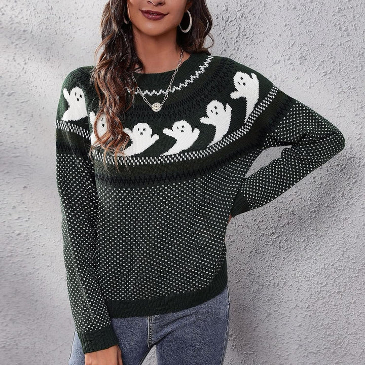 Women's Ghost Print Halloween Sweater, Jacquard Knit, Relaxed Fit