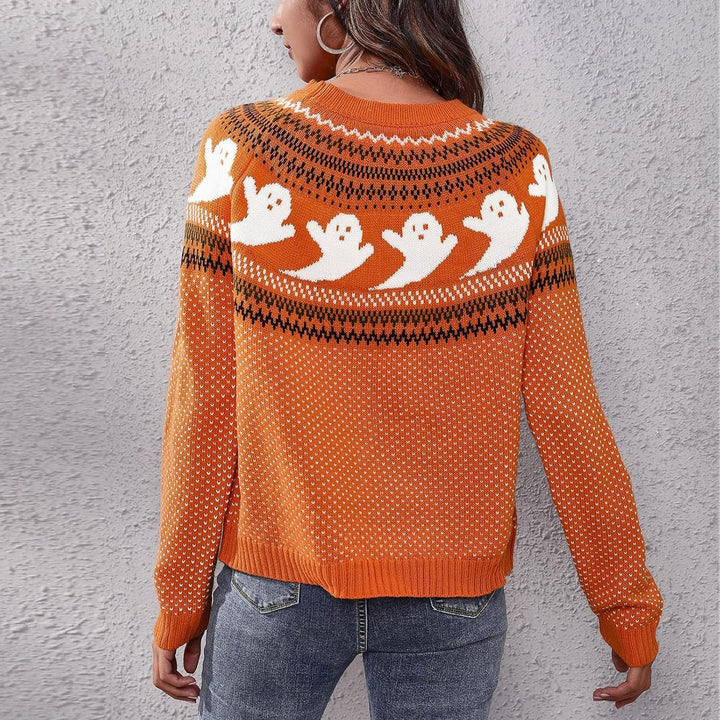 Women's Ghost Print Halloween Sweater, Jacquard Knit, Relaxed Fit