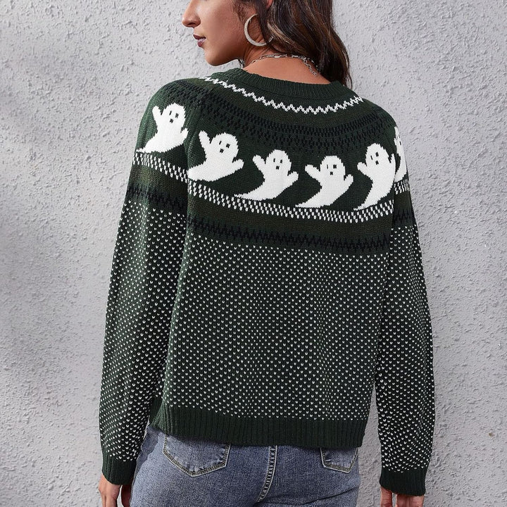 Women's Ghost Print Halloween Sweater, Jacquard Knit, Relaxed Fit