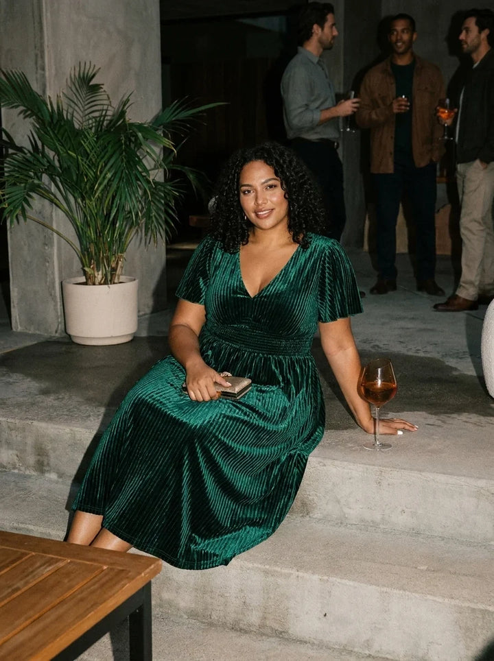 Ardenza Velvet Dress | Plus Size A-Line V-Neck Tea Length for Wedding Guest & Cocktail Parties 7