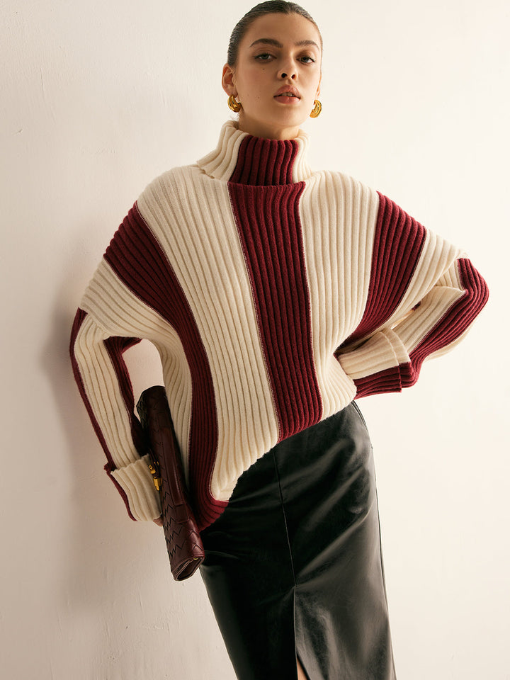 Nikki Color Block Sweater featuring a stylish ribbed turtleneck and made from soft knit fabric, perfect for cozy fall outfits. - 2
