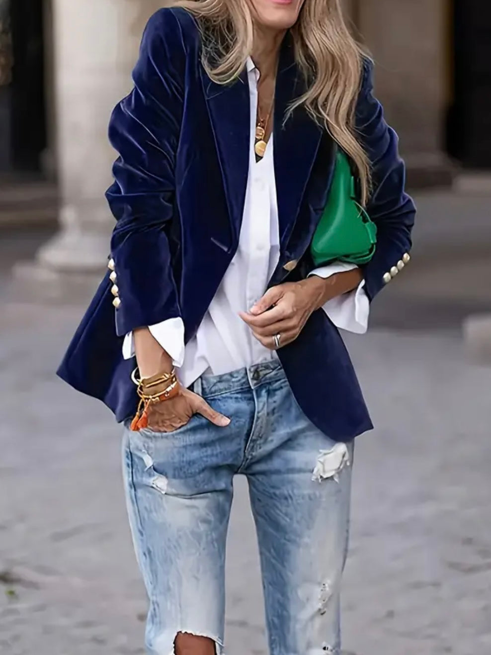 Women's Velvet Blazer, Navy, Gold Buttons, Holiday Party Outfit