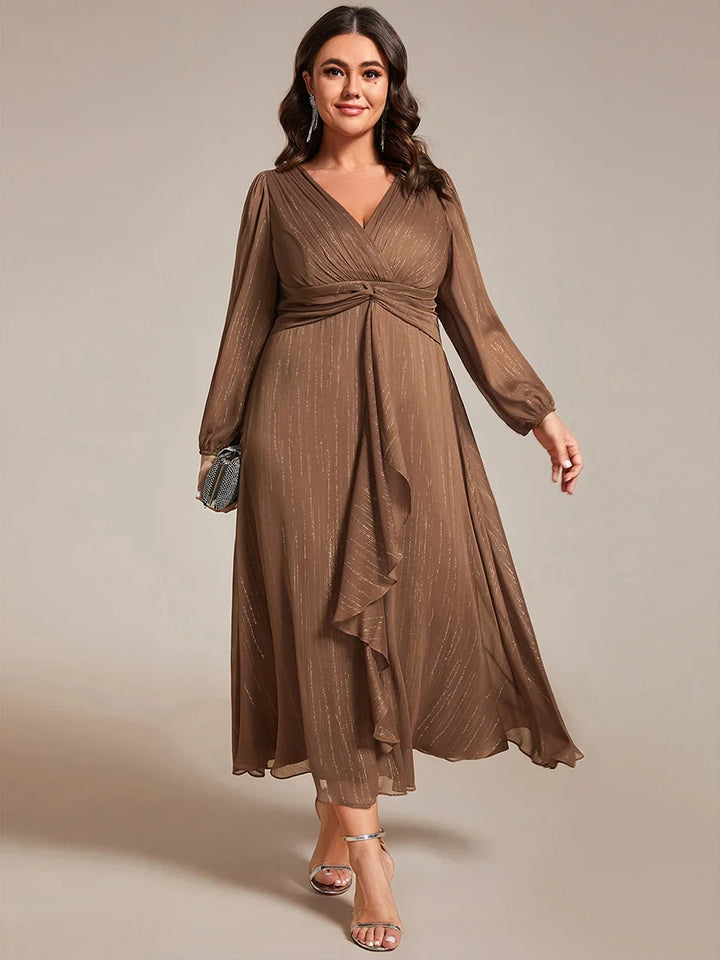 Elara Evening Dress | Plus Size A-Line Chiffon with Twist Knot and Lotus Leaf Detail 11