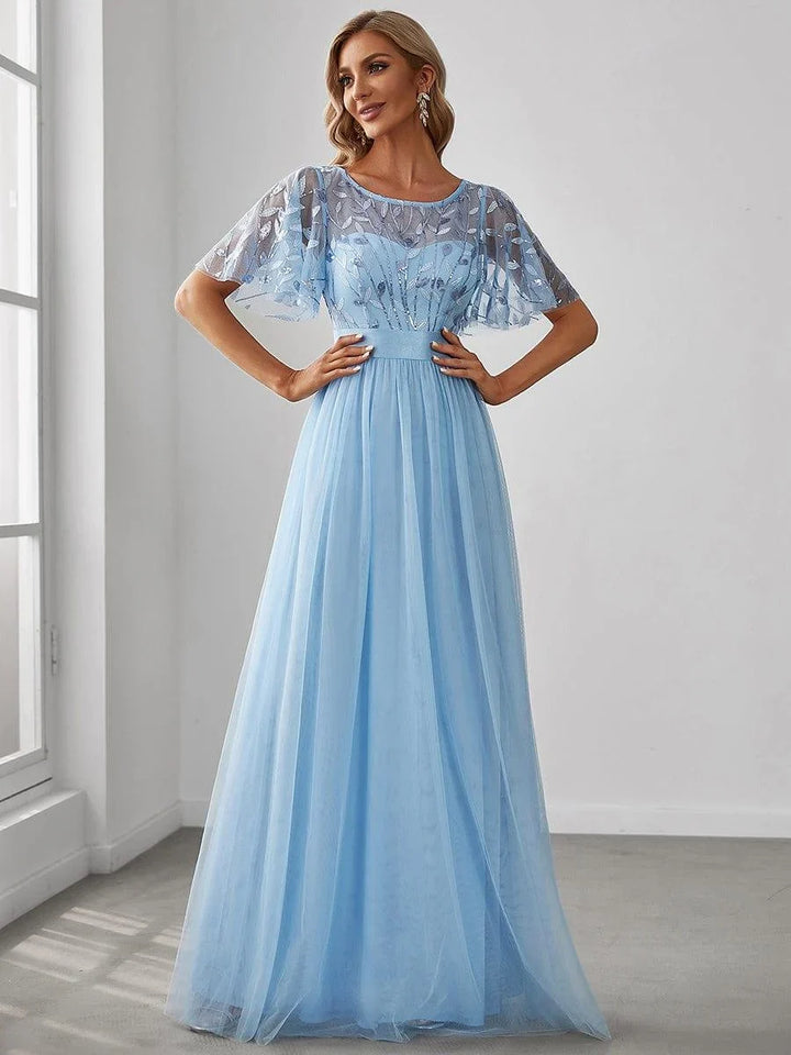 Elysia Maxi Dress | Sequin Leaf Design, Short Sleeves, A-Line, Floor-Length 1