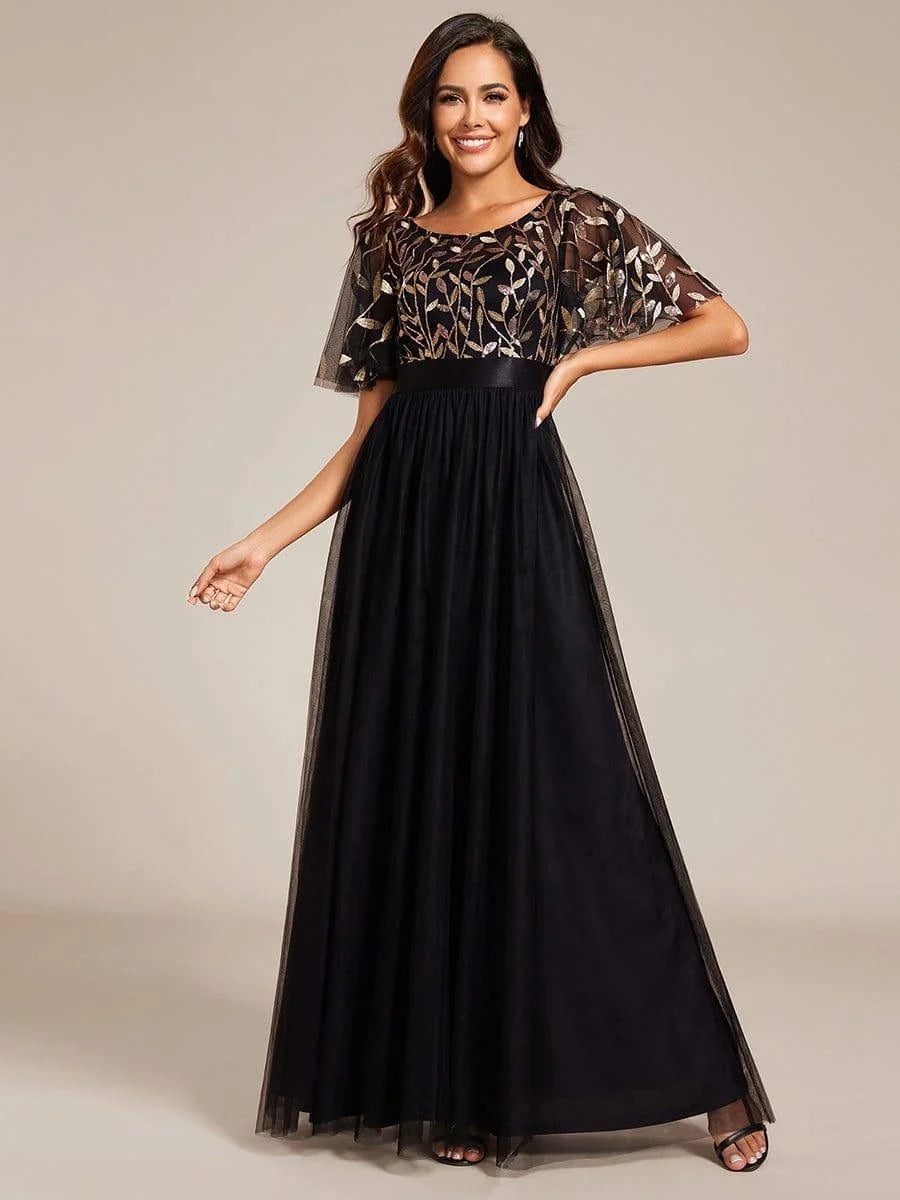 Elysia Maxi Dress | Sequin Leaf Design, Short Sleeves, A-Line, Floor-Length 13