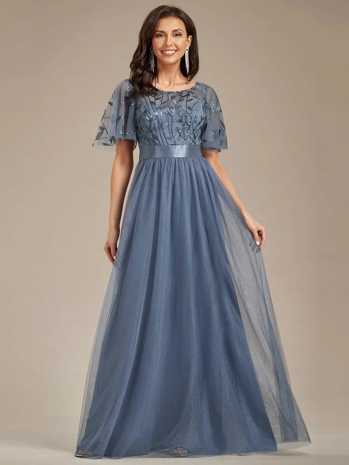 Elysia Maxi Dress | Sequin Leaf Design, Short Sleeves, A-Line, Floor-Length 3