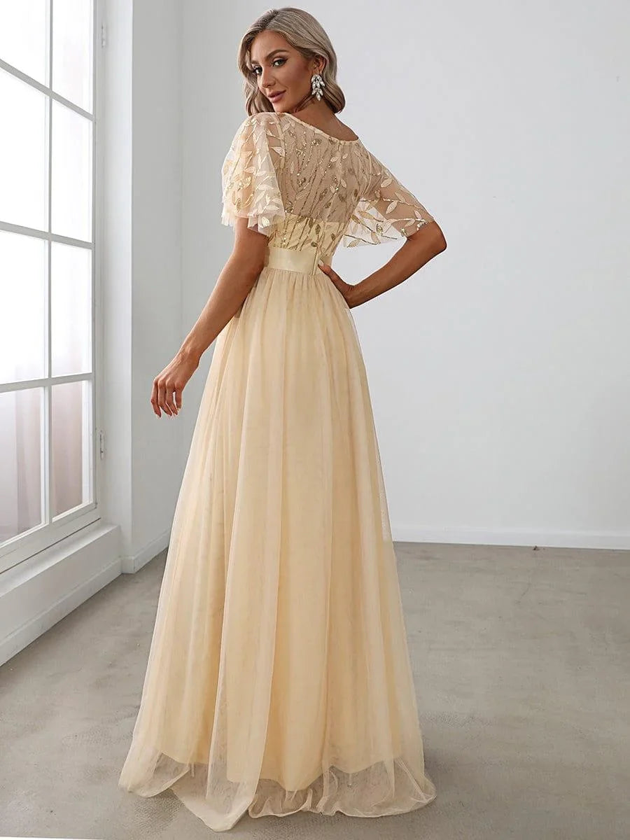 Elysia Maxi Dress | Sequin Leaf Design, Short Sleeves, A-Line, Floor-Length 6