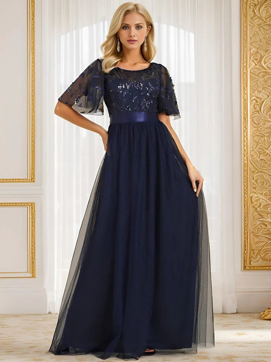 Elysia Maxi Dress | Sequin Leaf Design, Short Sleeves, A-Line, Floor-Length 7