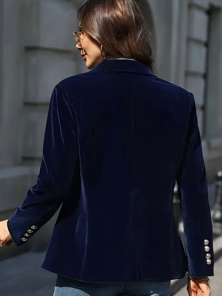 Women's Velvet Blazer, Navy, Gold Buttons, Holiday Party Outfit