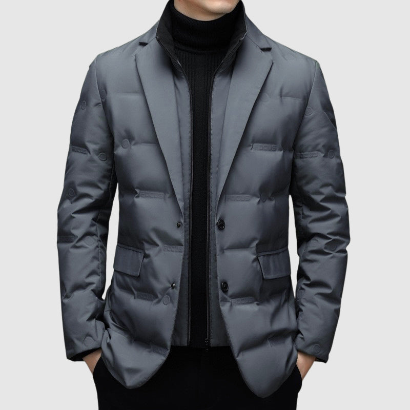 Men's Duck Down Jacket, Lapel Collar, Button and Zip, Tailored Fit