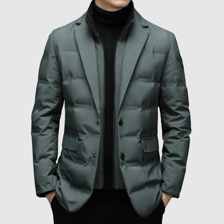 Men's Duck Down Jacket, Lapel Collar, Button and Zip, Tailored Fit
