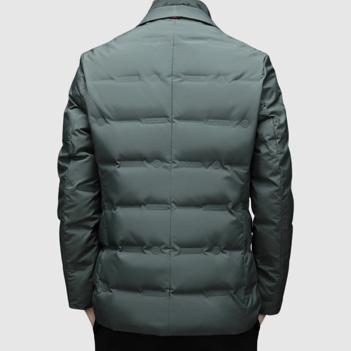 Men's Duck Down Jacket, Lapel Collar, Button and Zip, Tailored Fit
