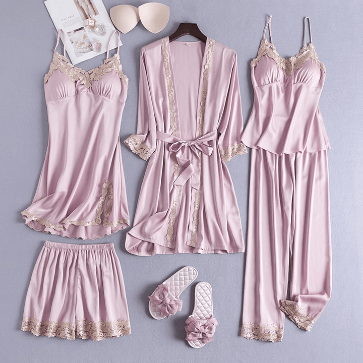 Haven Satin Intimates Set featuring an elegant 4-piece loungewear collection in luxurious satin, perfect for comfortable and stylish relaxation. - 4