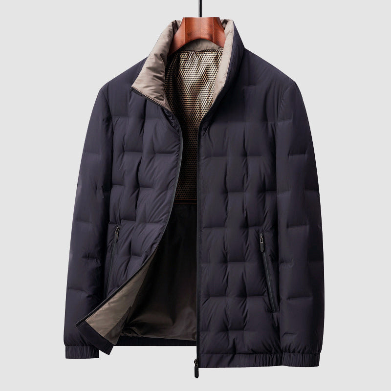 Men's Quilted Down Jacket, Hip Length, Stand Collar, Zip Pockets
