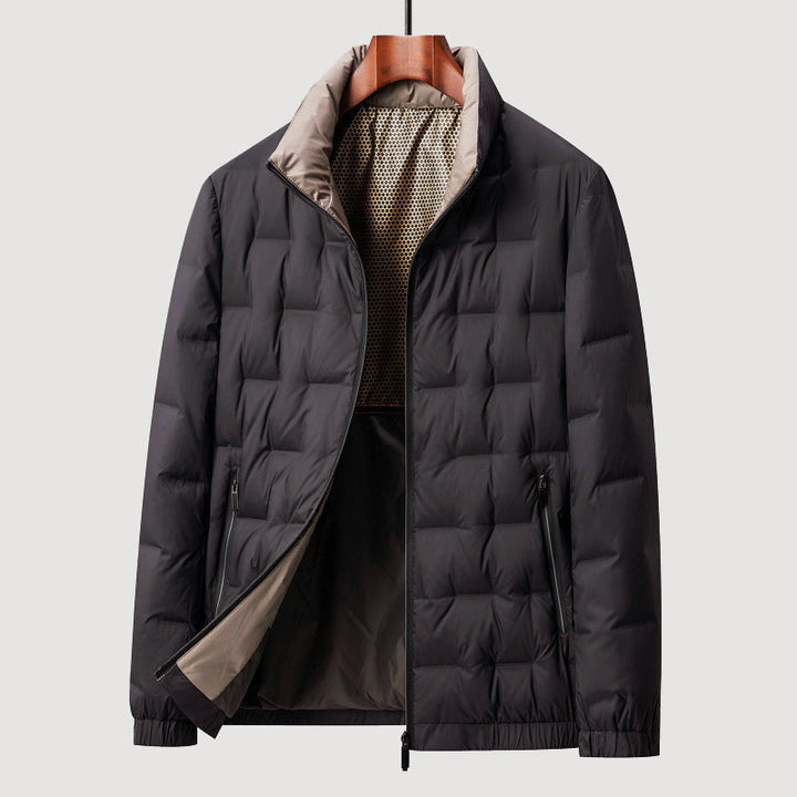 Men's Quilted Down Jacket, Hip Length, Stand Collar, Zip Pockets