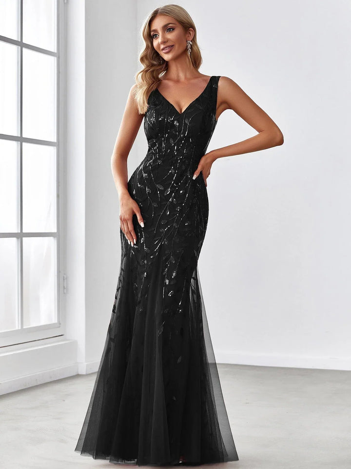 Oriel Evening Gown | Sequin Fishtail, Double V-Neck 11