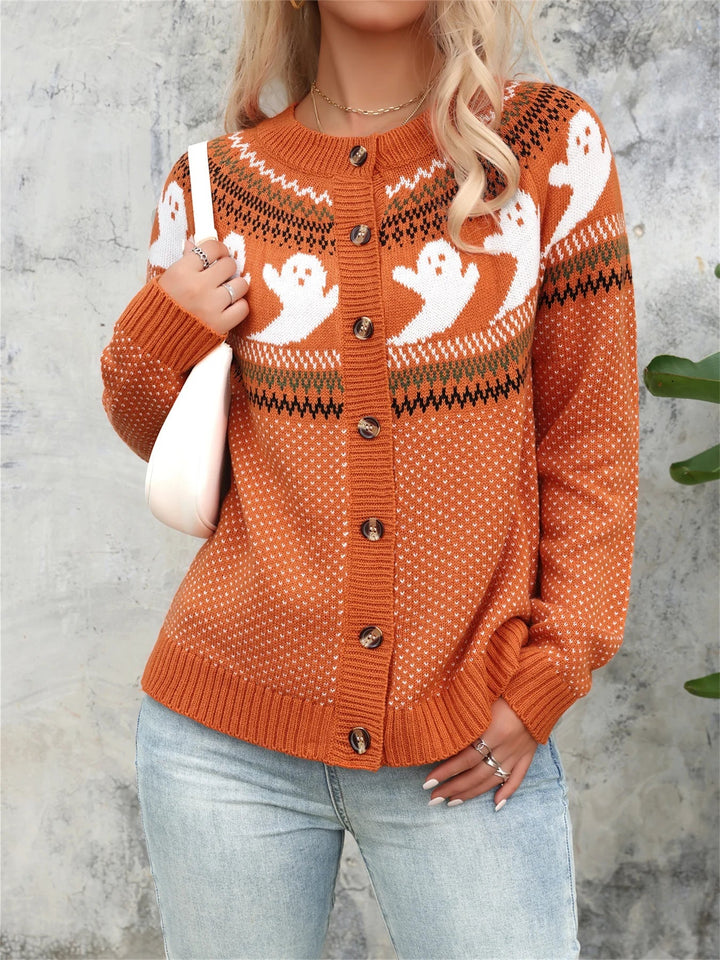 Women's Ghost Halloween Sweater, Polka Dot Knit, Crew Neck