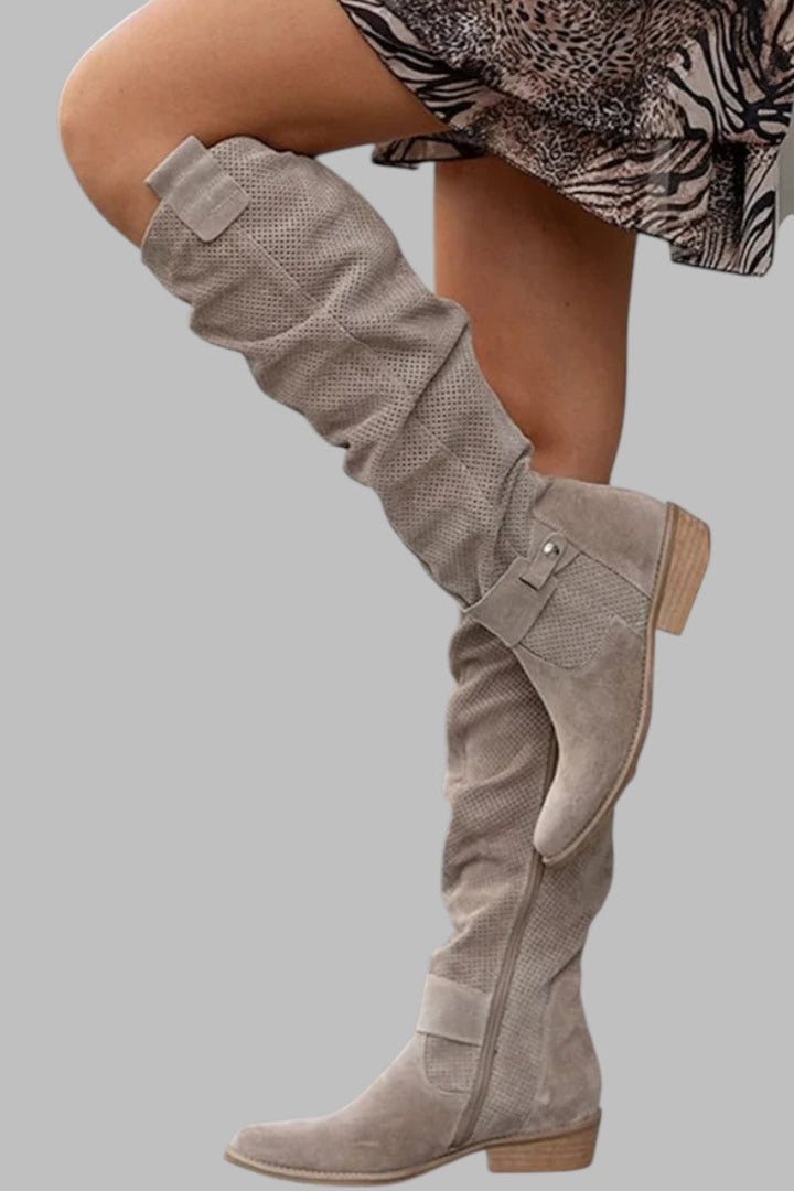 Women's Knee-High Winter Boots, Khaki Suede-Touch, Side Zip, Low Heel