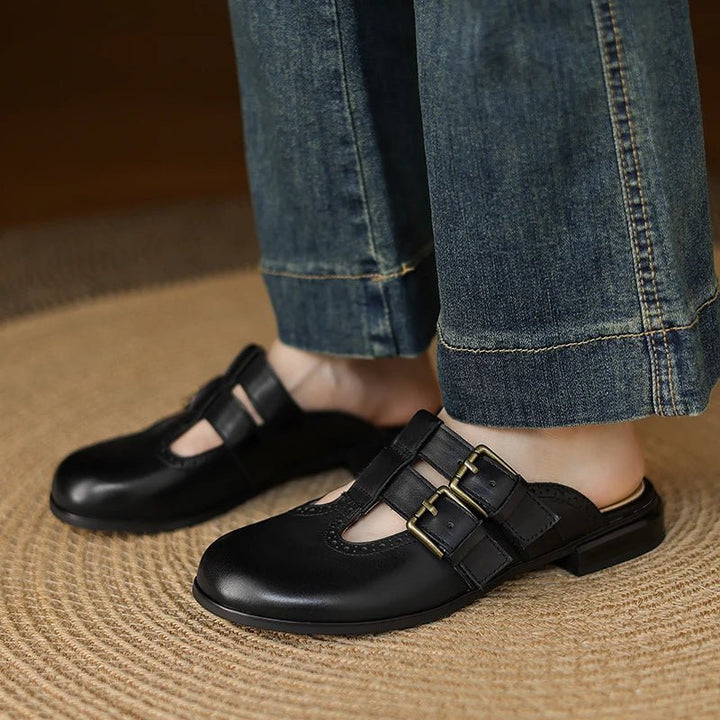 Theodora Mule Heels featuring soft leather material and a comfortable block heel, perfect for stylish and easy wear. - 36