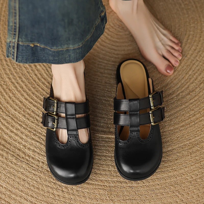Theodora Mule Heels featuring soft leather material and a comfortable block heel, perfect for stylish and easy wear. - 38
