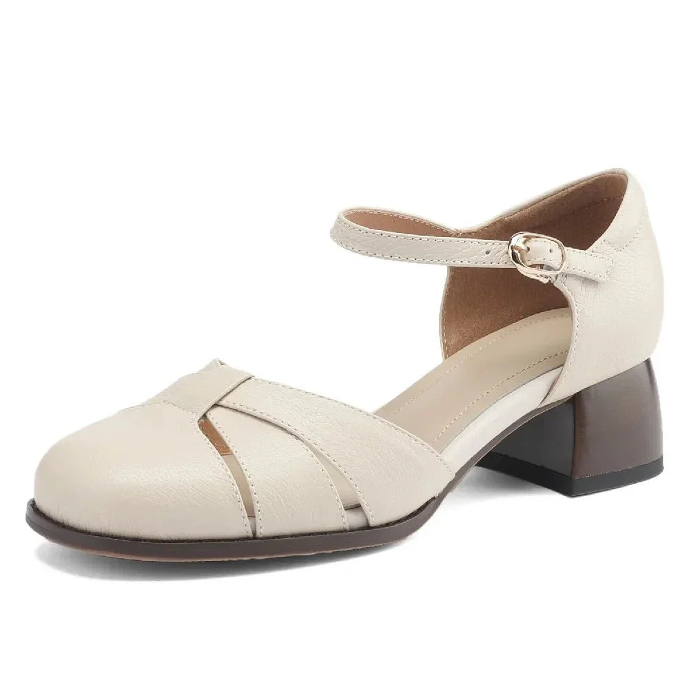 Felice | Leather Braided Ankle Strap Mid Heel Pumps