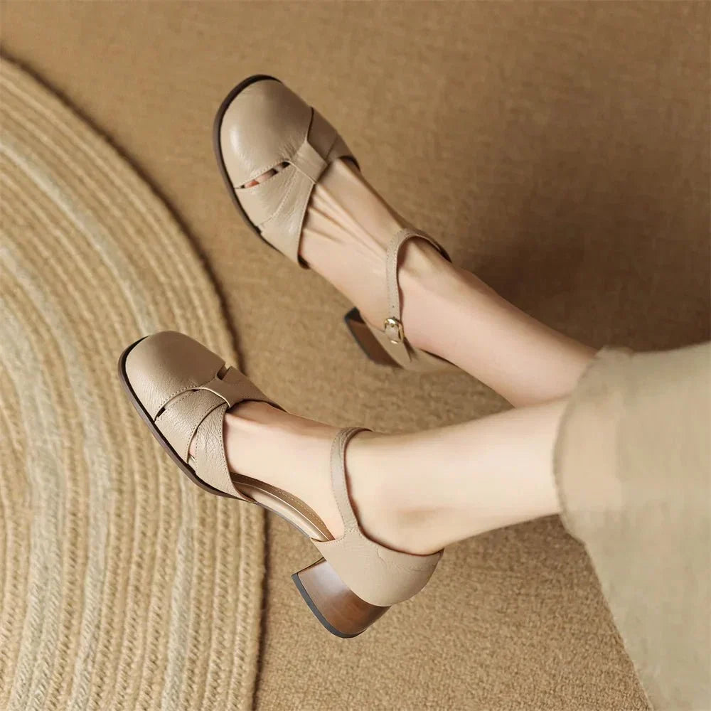 Felice | Leather Braided Ankle Strap Mid Heel Pumps