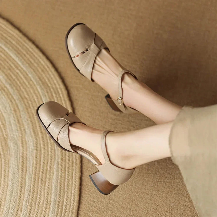 Felice | Leather Braided Ankle Strap Mid Heel Pumps