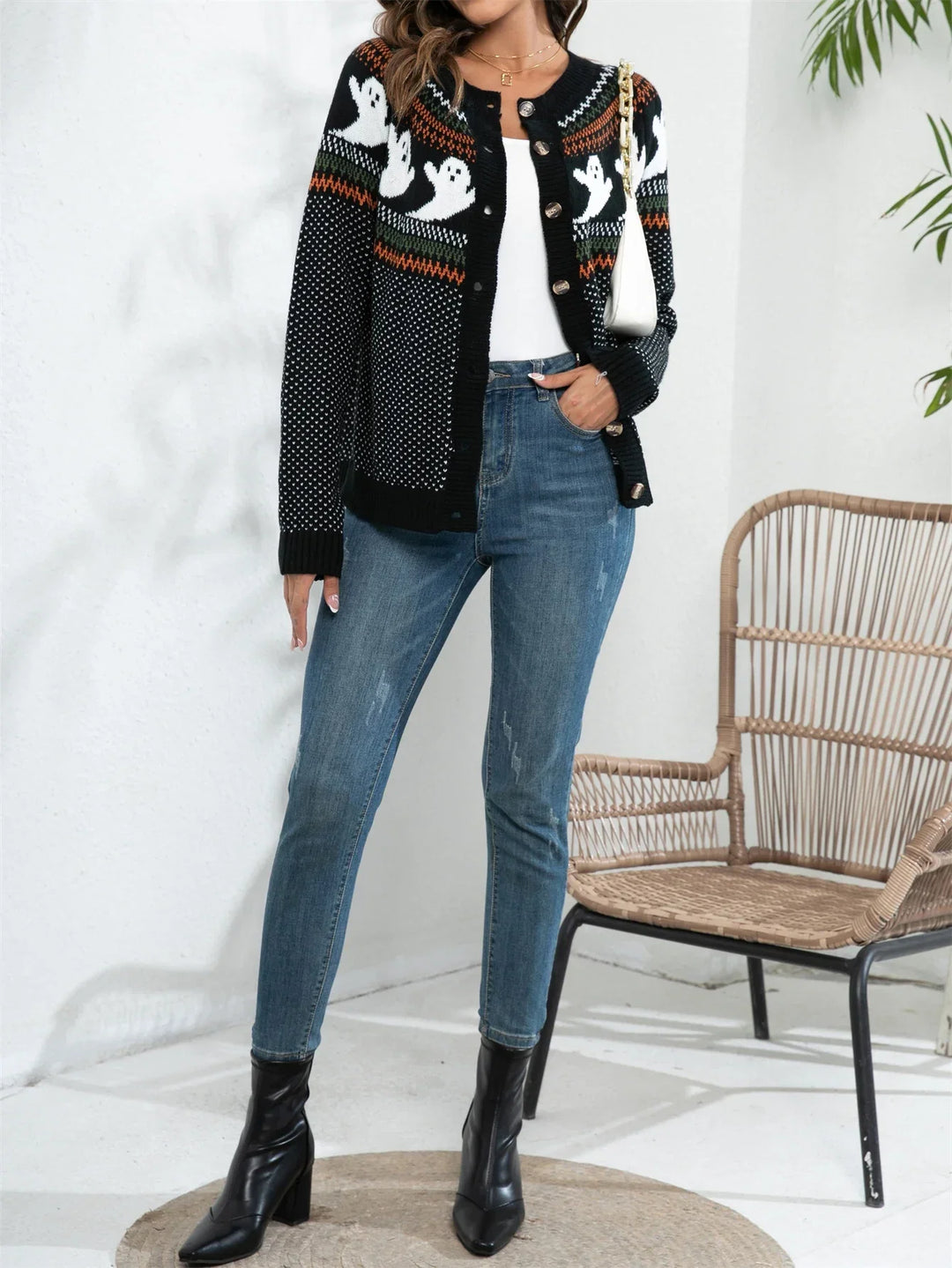 Women's Ghost Halloween Sweater, Polka Dot Knit, Crew Neck