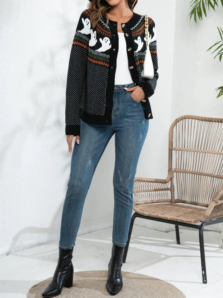 Women's Ghost Halloween Sweater, Polka Dot Knit, Crew Neck