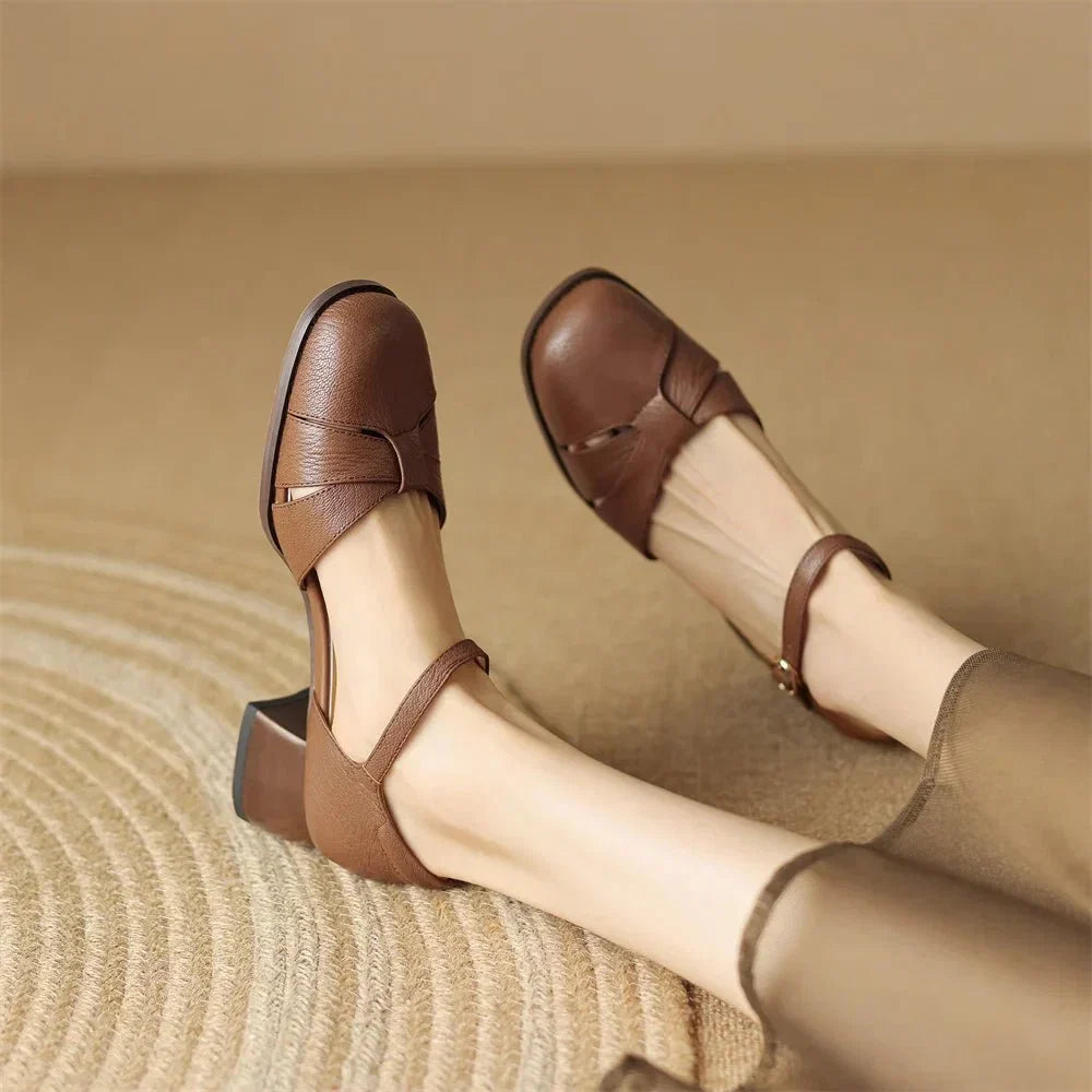 Felice | Leather Braided Ankle Strap Mid Heel Pumps